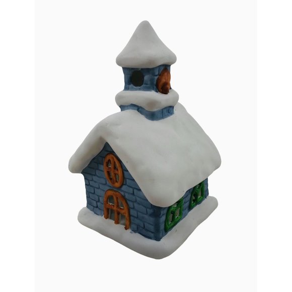Colonial Candle Holder Winter Blue Ceramic Building Snow Tea Light Votive Holder - Picture 7 of 10